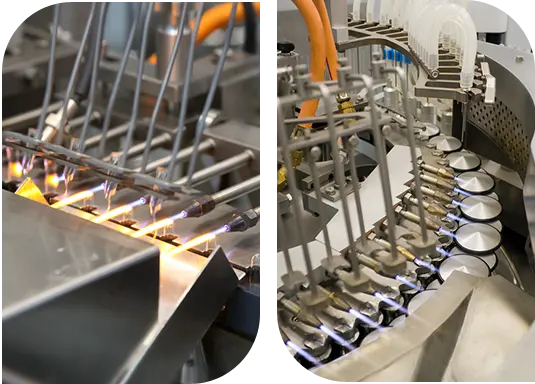 Ampoule filling and sealing machine with flame sealing jets